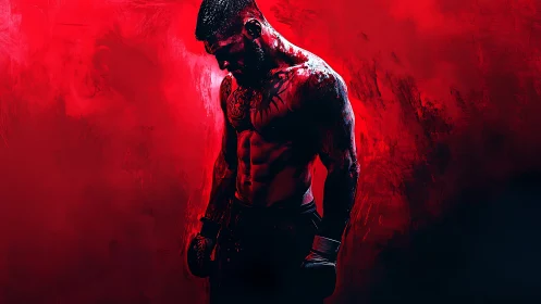 Muscular male figure rendered in red monochromatic palette.