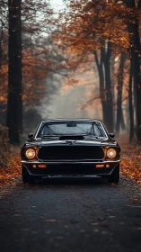 Photorealistic muscle car portrait in autumn forest aisle.