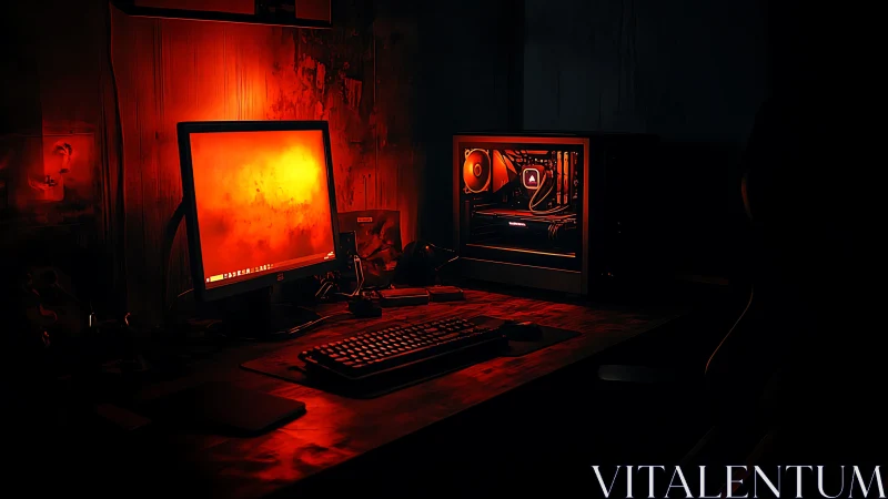 Crimson-lit battle station hums quietly in a midnight corner
