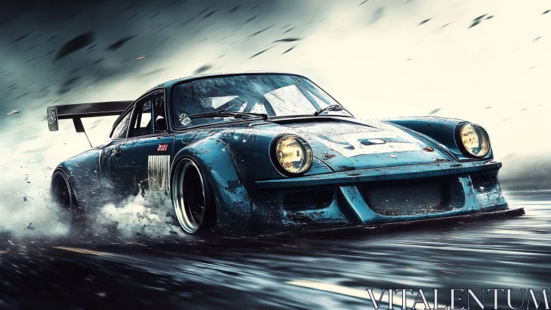 Retro widebody race car powers through wet asphalt storm.