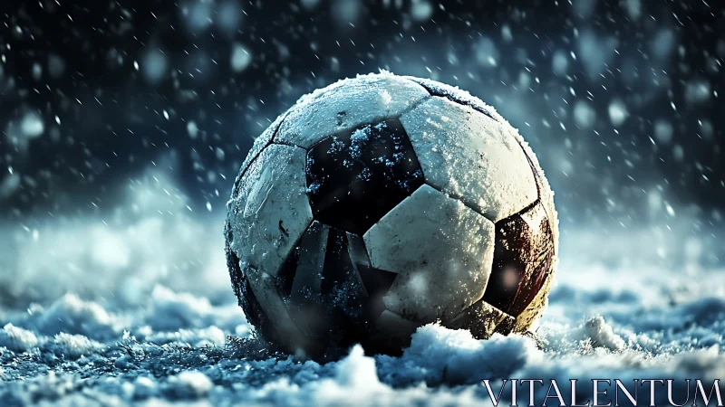 Snow covered soccer ball on frozen ground in snowfall.