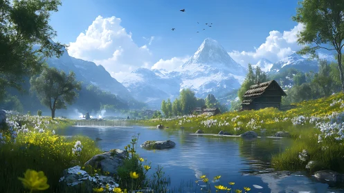 High-altitude river valley with snow peaks and rustic cabins rendered