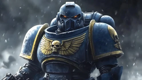 Grim knight in blue power armor quietly owns the storm