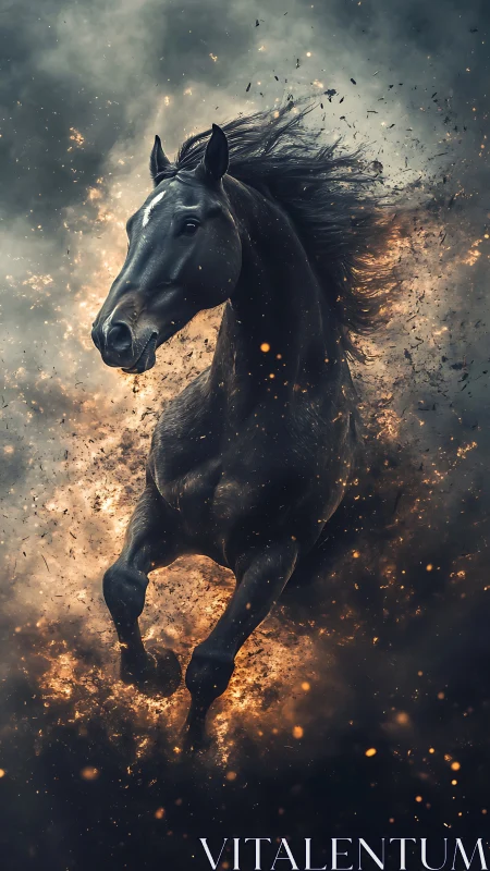 Fireborn midnight stallion storms through embers and smoke.