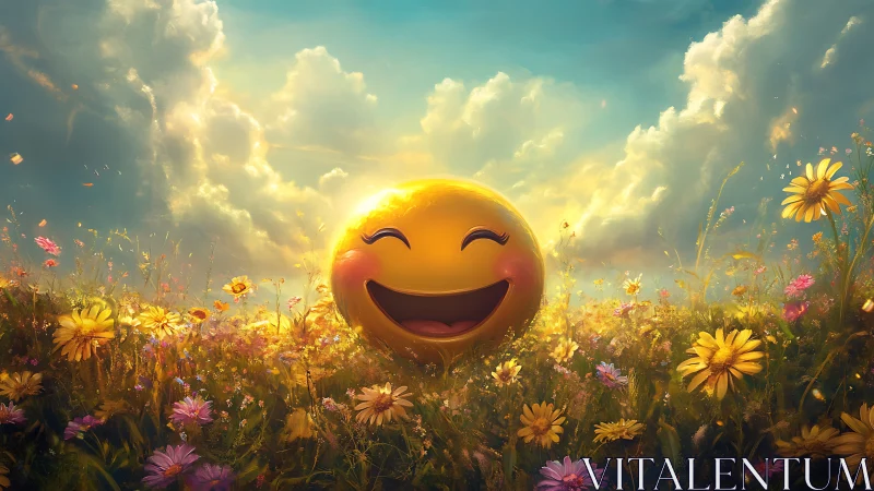 Sunlit smiley blossom glows in a dream-bright meadowscape.
