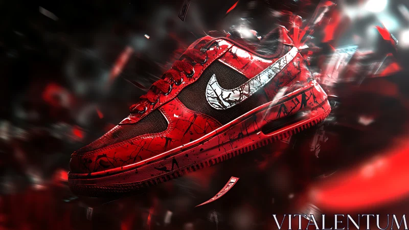 Red velocity sneaker exploding through neon splintered space.