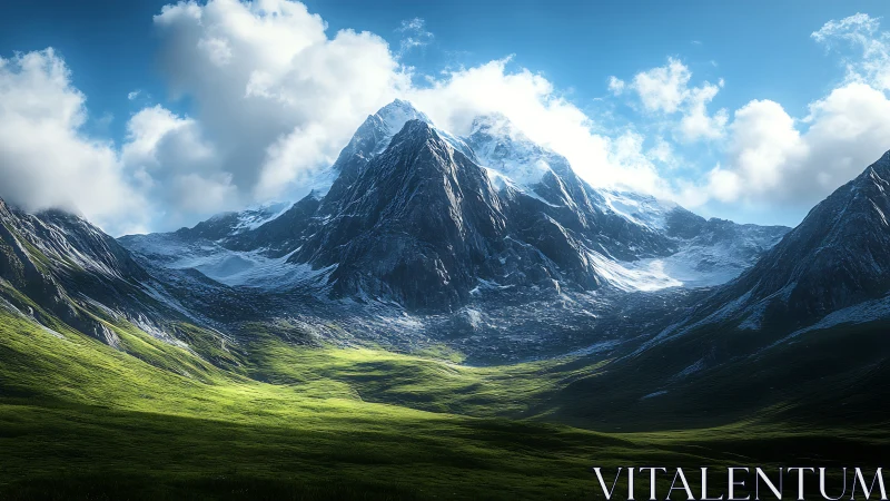 Snow-covered mountain range above sunlit green valley.