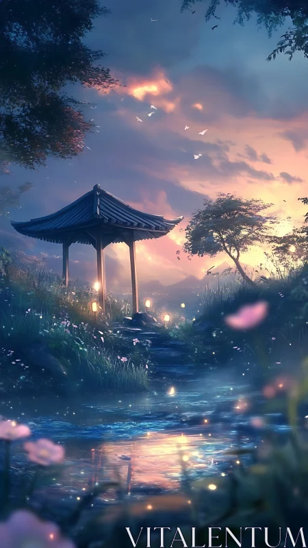 Twilight garden pavilion above glowing stream reflections.