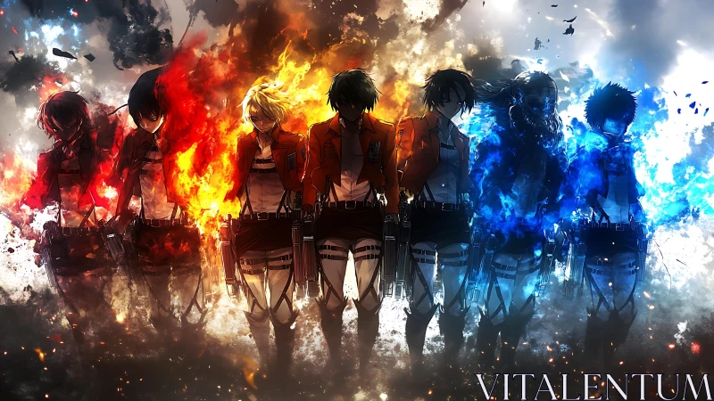 Fiery and icy anime heroes standing united in glowing light.