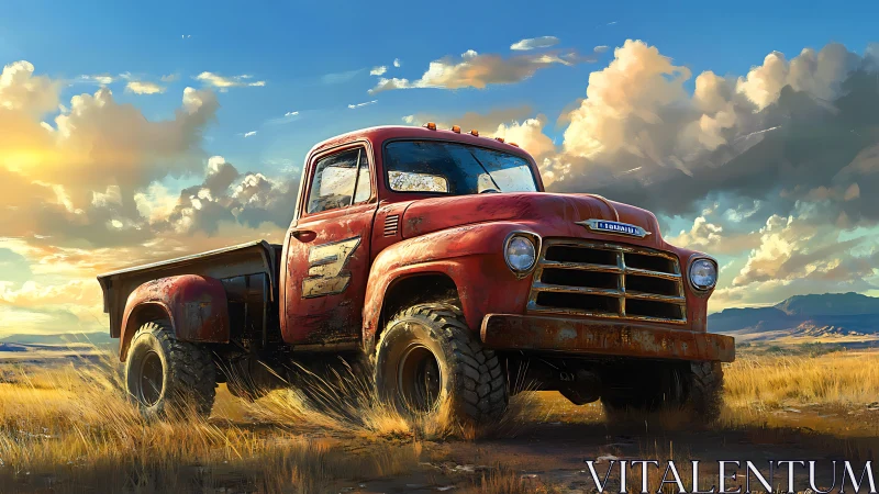 Rusty red pickup truck dominates golden prairie sunset