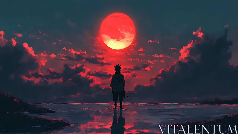Lone wanderer beneath a luminous crimson moonlit sky.
