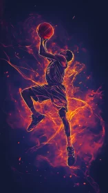 Explosive basketball dunk ignites in neon fire and motion.