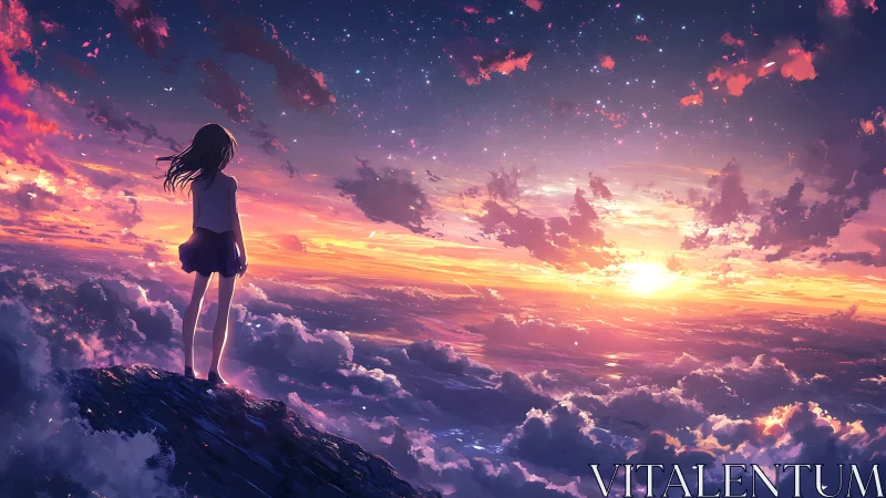 Girl above the clouds greeting a glowing dreamlike sunrise.