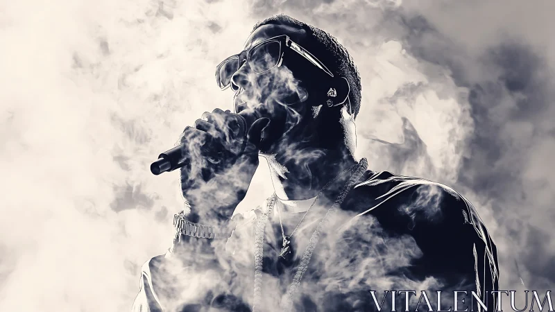 Smoky stage moment with a passionate hip hop performer.