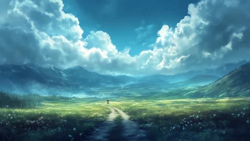 Atmospheric valley panorama with lone traveler under cumulonimbus.