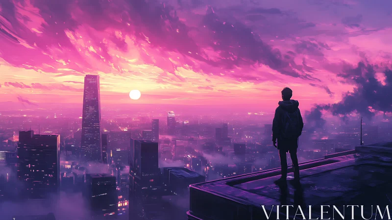 Solitary rooftop observer studies neon dusk over megacity