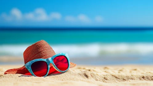 Sunhat and sunglasses on vivid tropical shoreline sand.