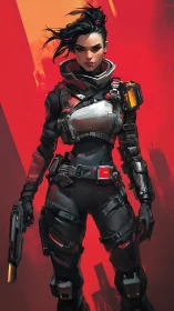 Futuristic female soldier in black tactical armor on red field.