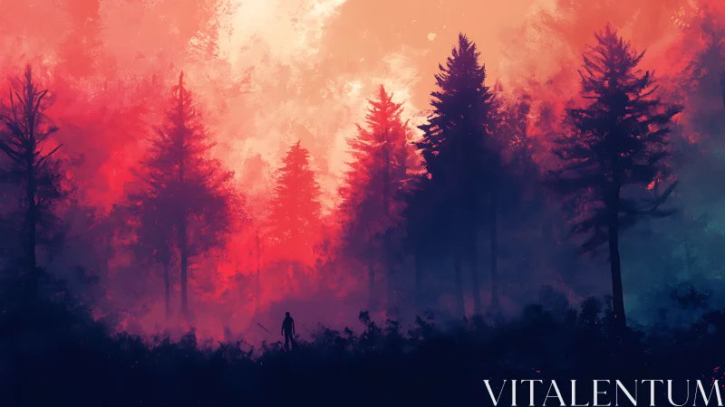 Solitary Figure in Burning Forest Dawn.