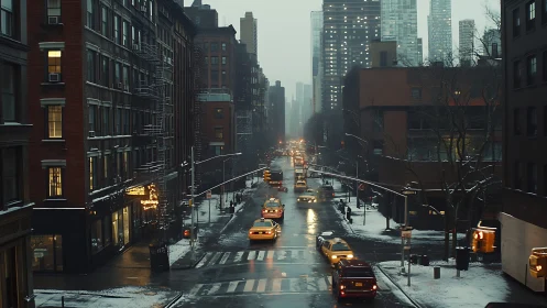 Winter city avenue with taxis under misty evening light.