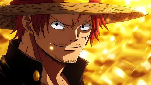Straw hat anime pirate with fiery golden background.