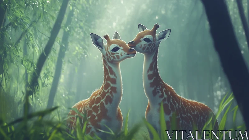 Baby giraffes share gentle nuzzle in misty forest light.