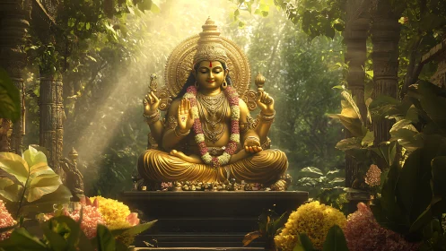 Golden Hindu deity statue sits in forest shrine with sunlight