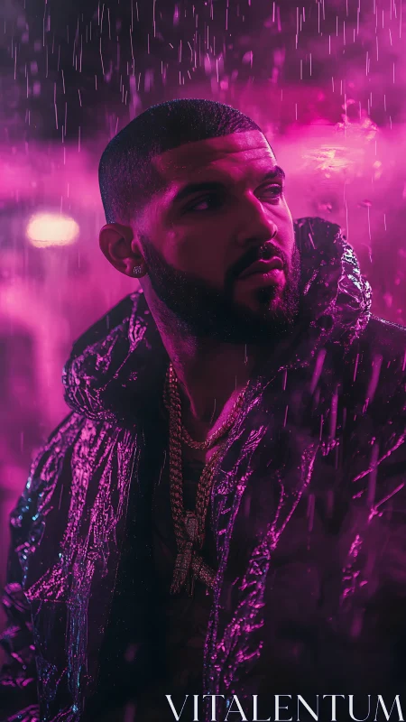 Neon rain king wrapped in chrome-lit midnight swagger.