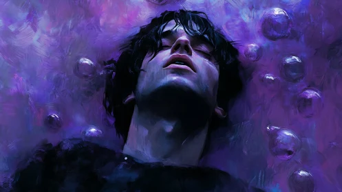 Dream-soaked portrait drifts in deep violet cosmic waters