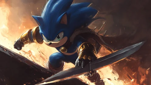Blue speed hero leaping into a fiery, sword-lit charge.