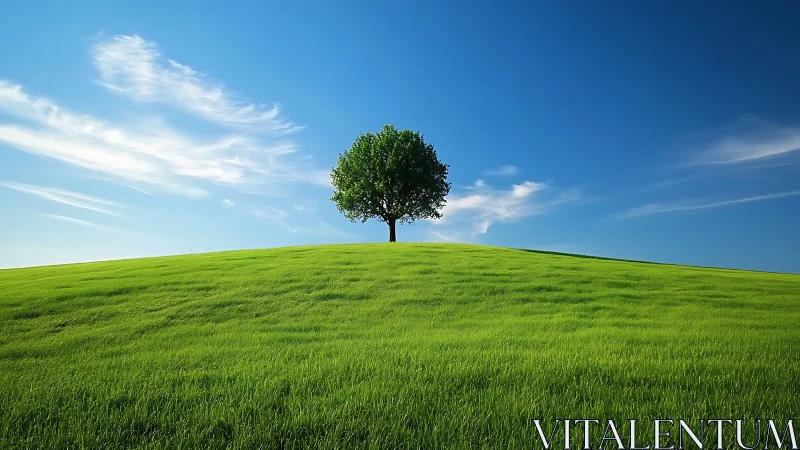 Lone Tree on Green Hill Under Clear Blue Sky, Minimalist Landscape.