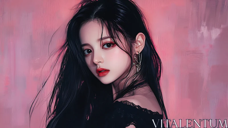 Digital portrait shows dark haired woman against pink haze