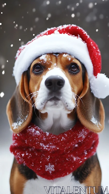 Beagle dog in red Santa hat and scarf with falling snow.