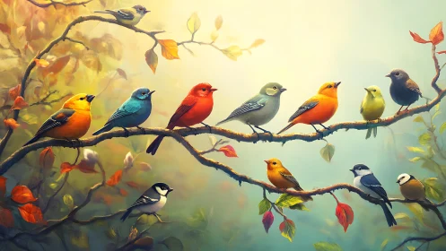 Colorful songbirds perched on autumn branches, digital painting.