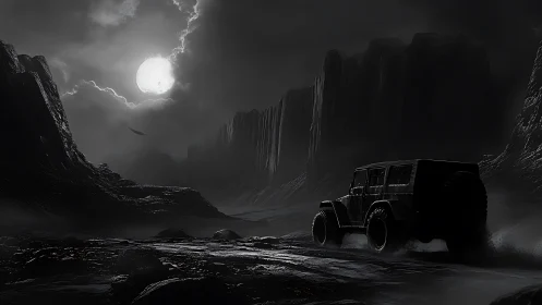 Moonlit off-road wanderer carves shadows through alien cliffs