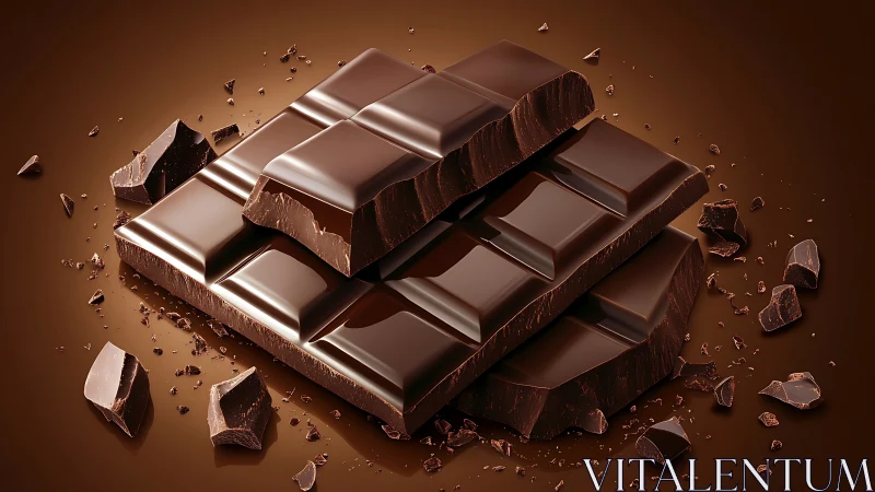 Segmented Dark Chocolate Bar With Scattered Fragments on Ambient Surface
