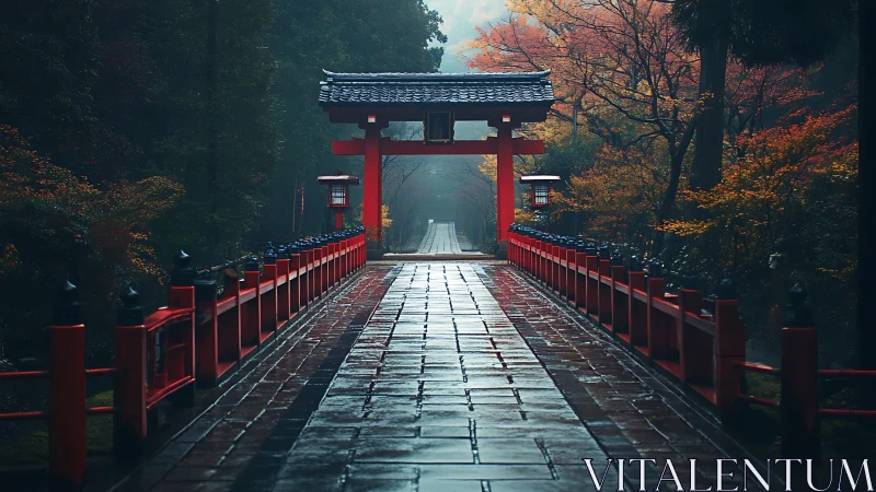 Misty shrine bridge leading into a quiet autumn forest path.
