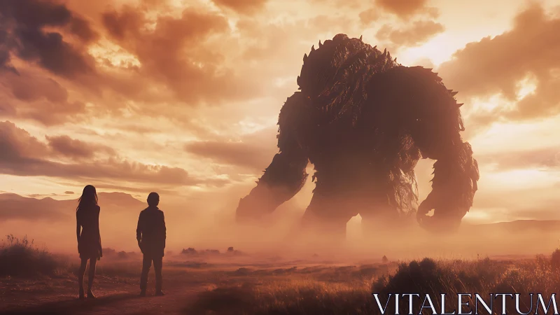 Sunset mist introduces two wanderers to a colossal titan