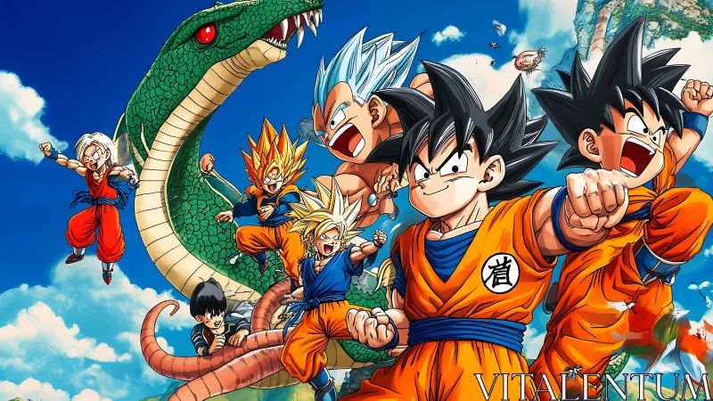 Group of martial artists and dragon in stylized landscape.