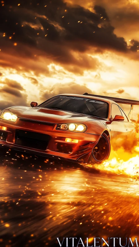 Orange drift car burns across wet asphalt under storm sky