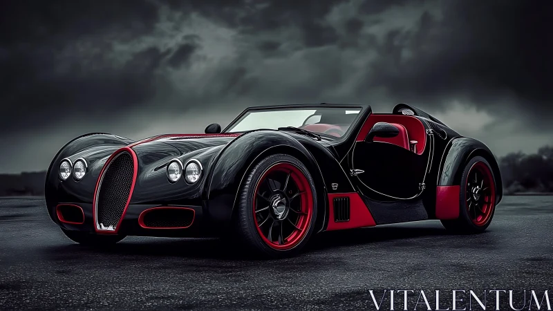 Black and red roadster sits on wet asphalt under dark clouds