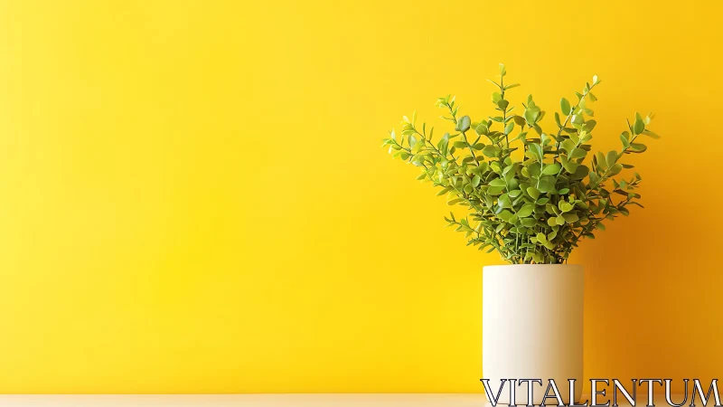 Green potted plant against plain yellow background.
