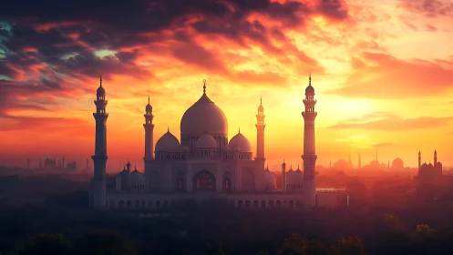 Golden sunset mosque glowing softly over a tranquil cityscape.