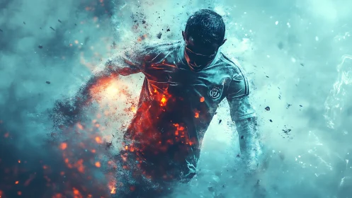 Blazing soccer hero strides through swirling fire and ice