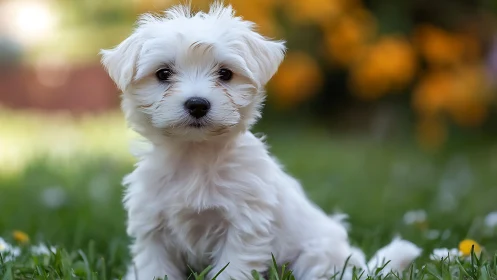 White fluffy puppy sitting on green grass outdoors.