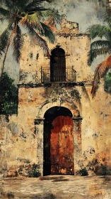 Weathered colonial doorway under tropical palm shade.