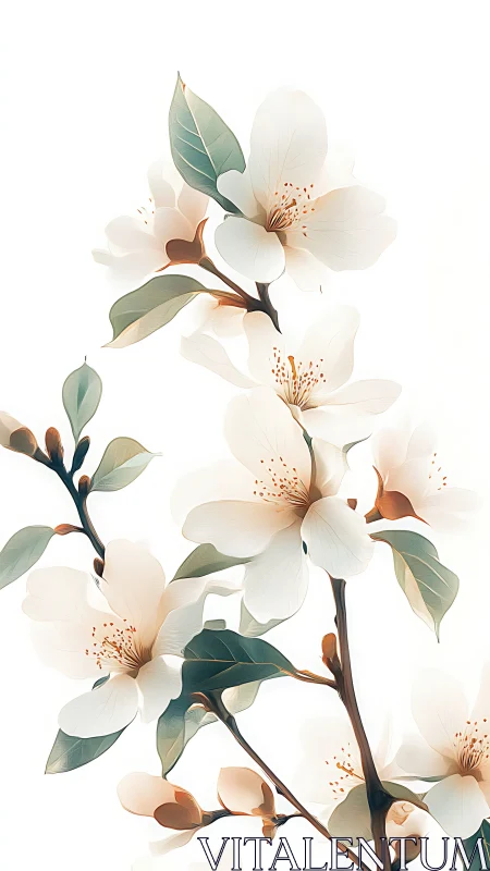 Delicate Cherry Blossoms Branch Botanical Illustration