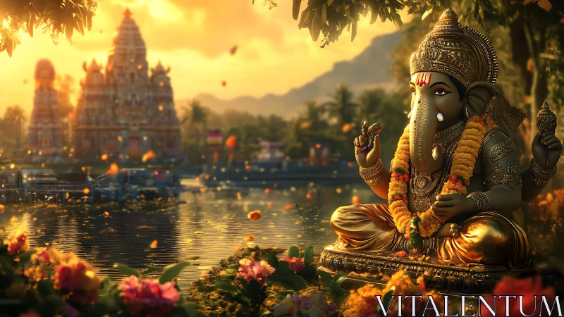 Golden riverside Ganesha in soft sunset devotion.