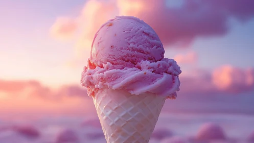 Single pink ice cream cone stands before soft pastel sky
