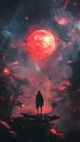 Lone wanderer confronts a blazing red sun in ruined void